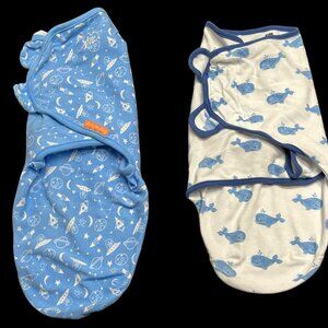 Baby Boy 0-3 months SMALL 7-14 lbs Blue Cotton Swaddle Wearable Blanket 2pc LOT